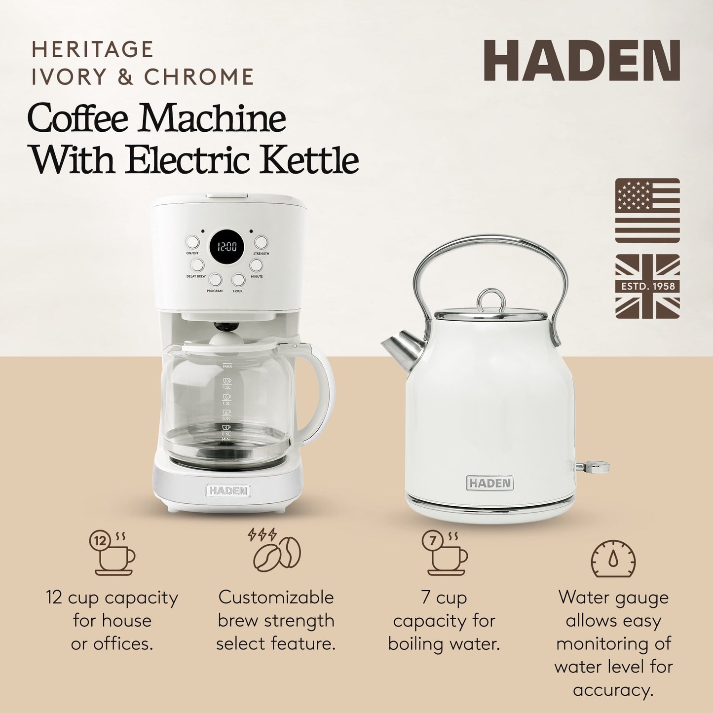 Haden Coffee Maker &amp; Heritage 1.7 Liter Electric Kettle, Ivory &amp; Copper