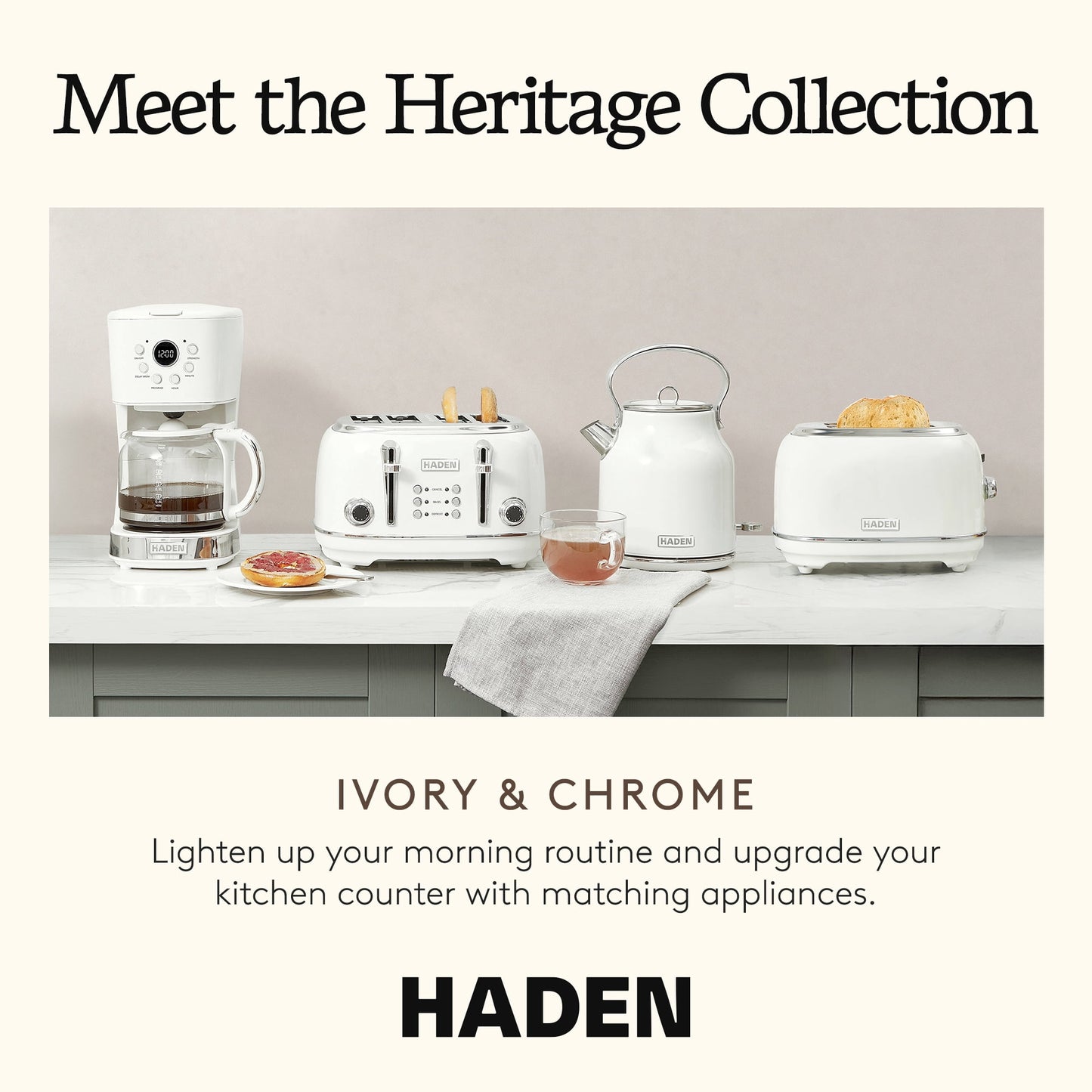 Haden Coffee Maker &amp; Heritage 1.7 Liter Electric Kettle, Ivory &amp; Copper