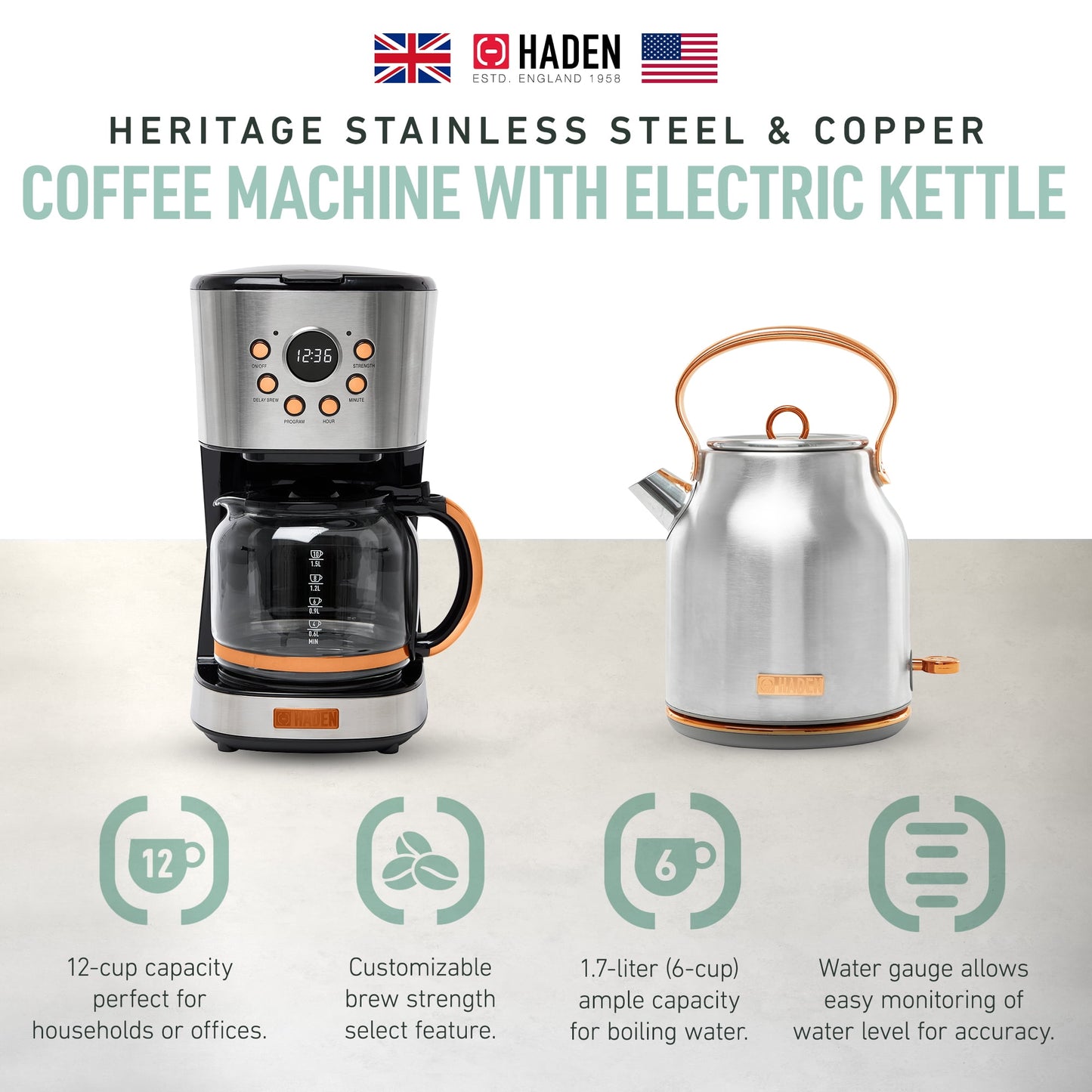 Haden Coffee Maker &amp; Heritage 1.7 Liter Electric Kettle, Ivory &amp; Copper