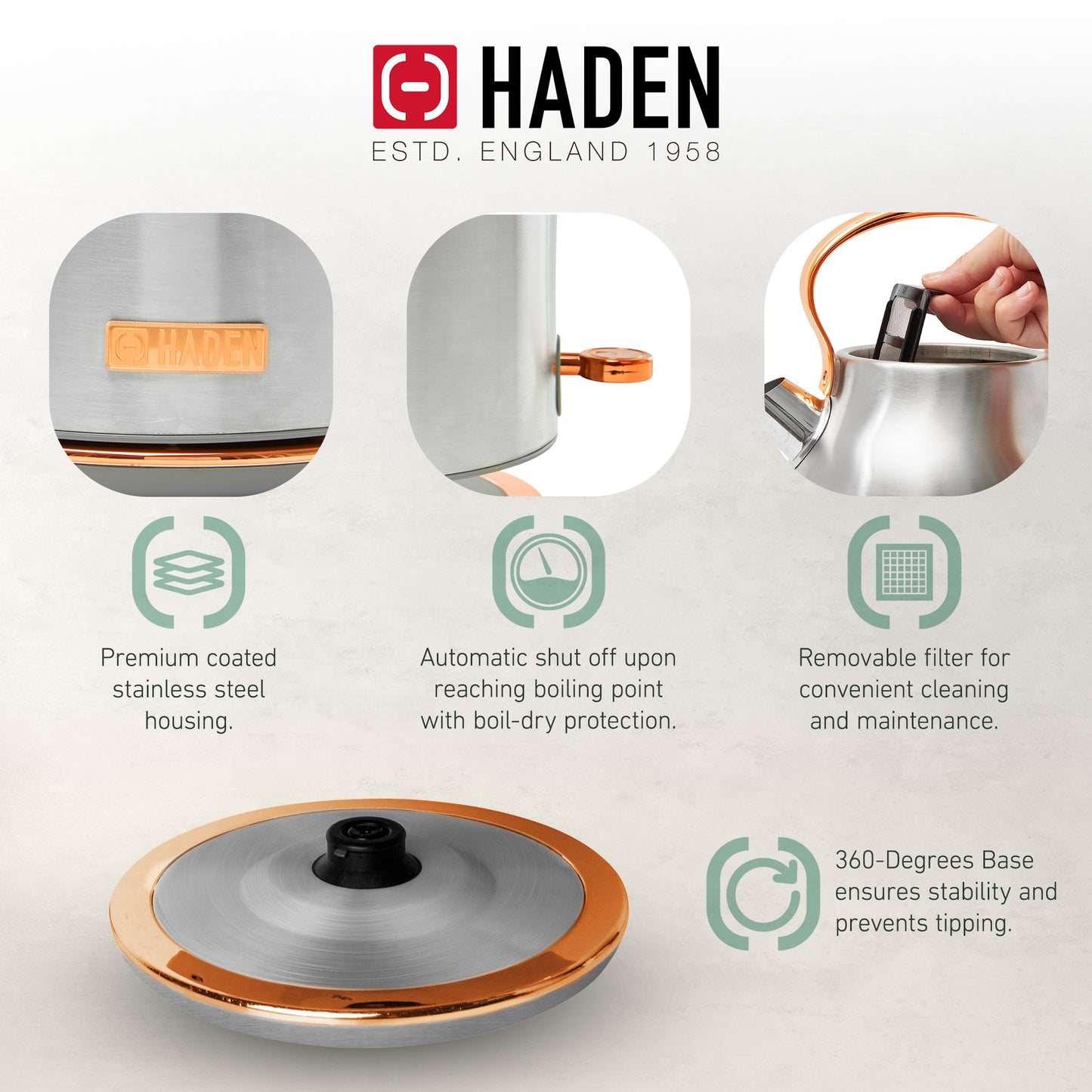Haden Coffee Maker &amp; Heritage 1.7 Liter Electric Kettle, Ivory &amp; Copper