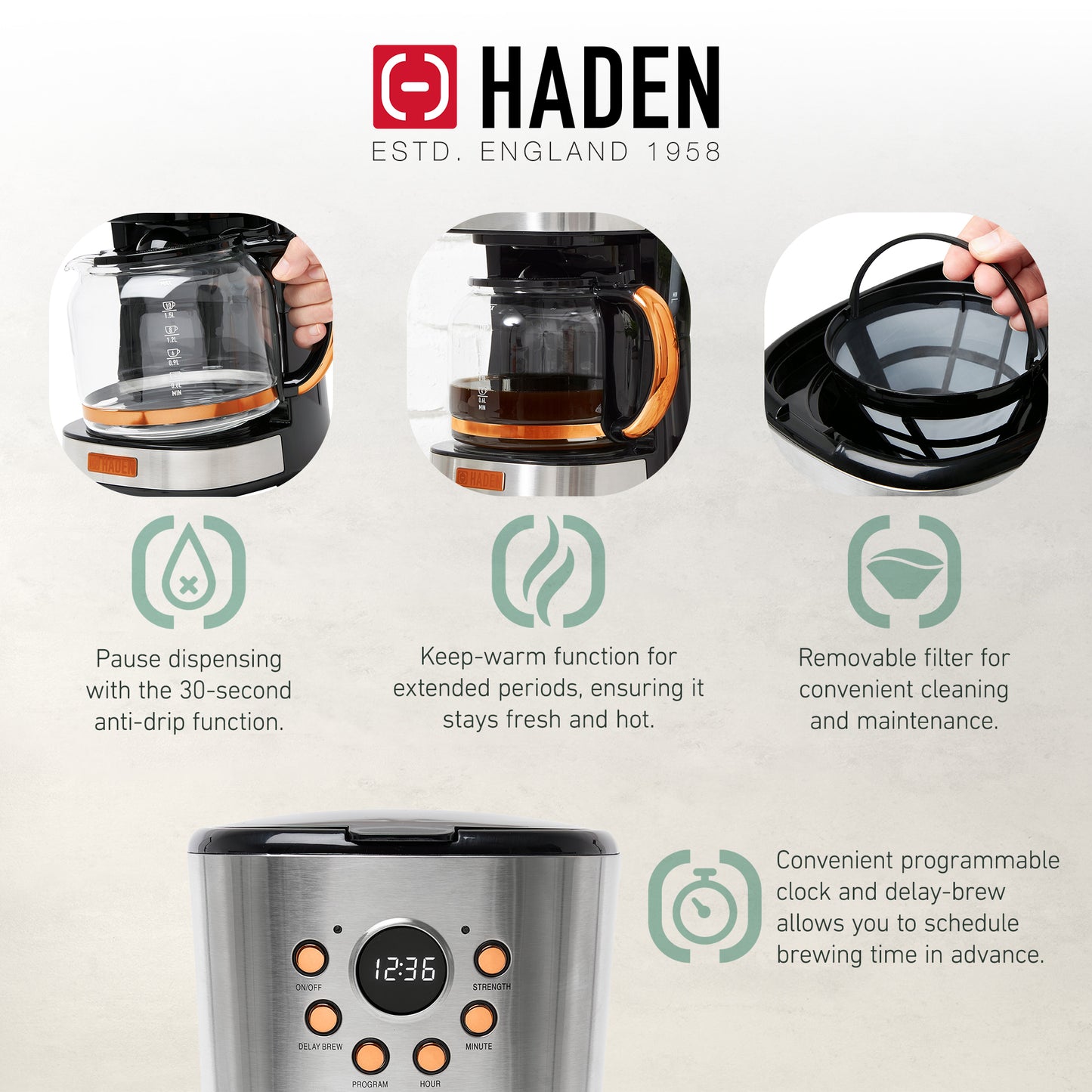 Haden Coffee Maker &amp; Heritage 1.7 Liter Electric Kettle, Ivory &amp; Copper