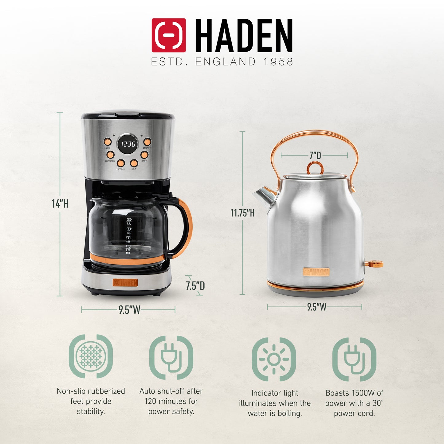 Haden Coffee Maker &amp; Heritage 1.7 Liter Electric Kettle, Ivory &amp; Copper