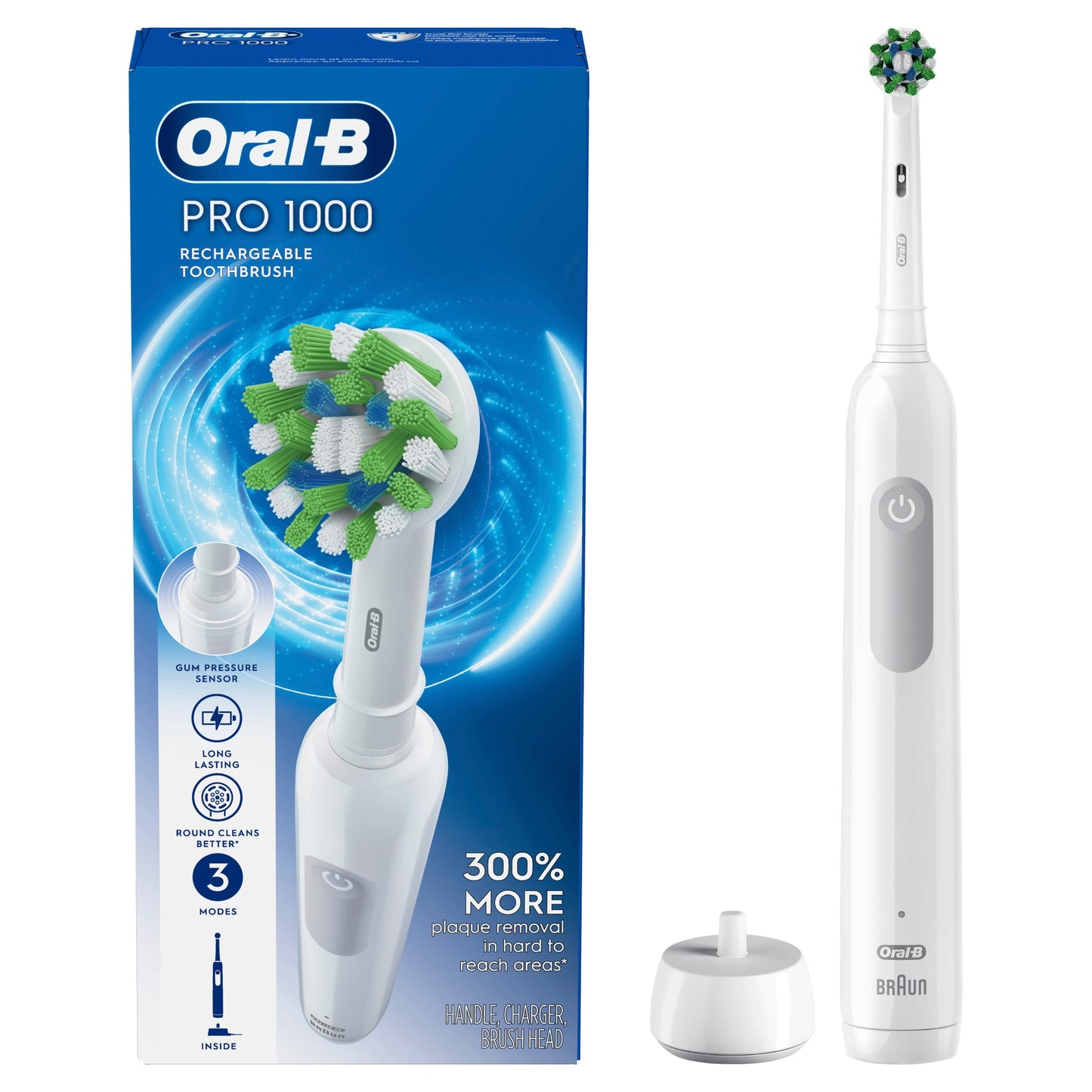 Oral-B Toothbrush, Pro 1000 Rechargeable Electric Toothbrush, White, 1 Count, Adults and Children 3+