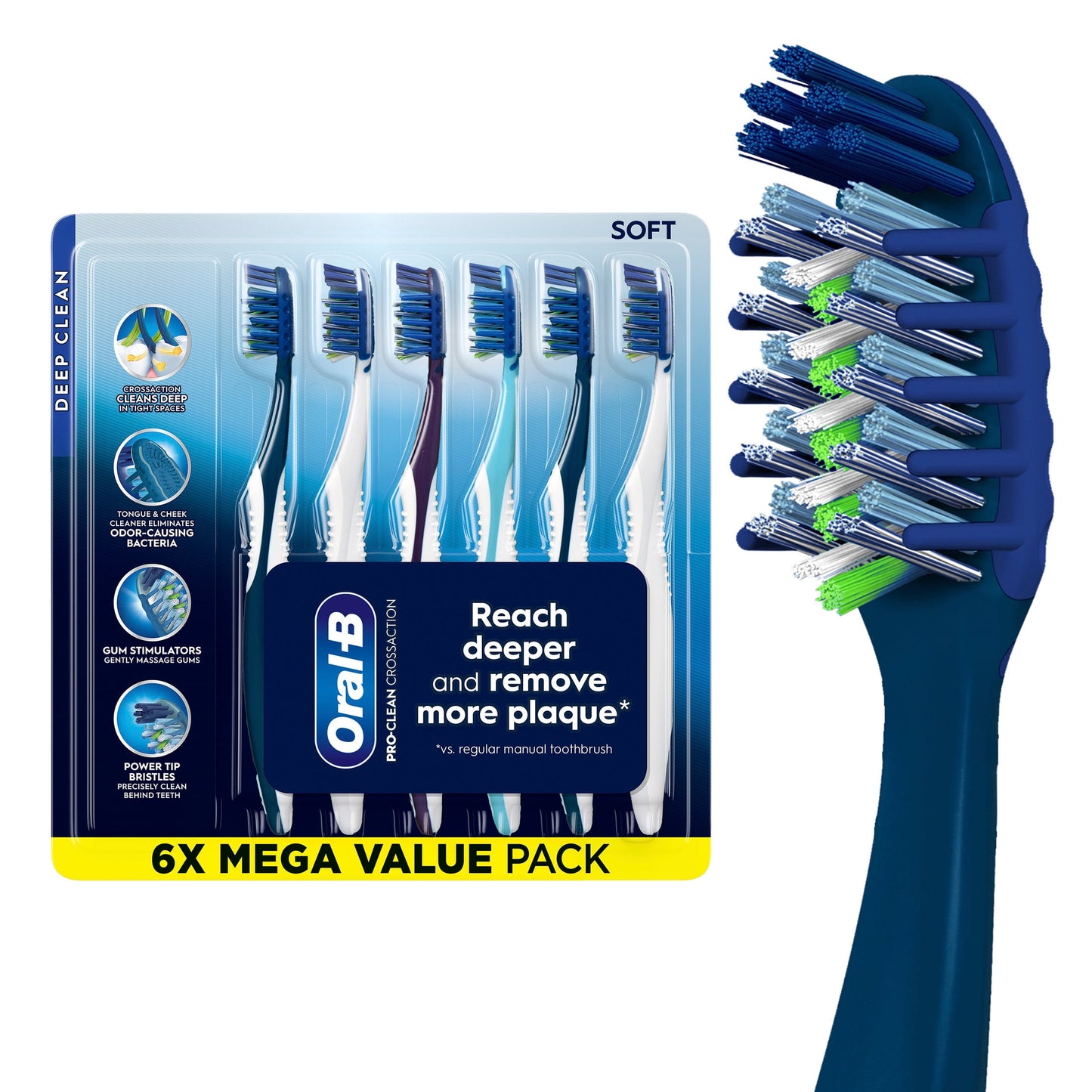 Oral-B Toothbrush Pro Clean Cross Action, Deep Plaque Removal, 6 Count