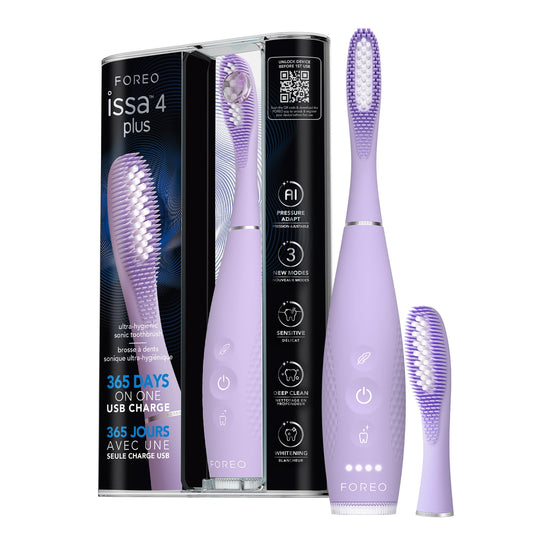FOREO issa 4 plus Sonic Electric Toothbrush - 4-in-1 AI-Guided Rechargeable Toothbrush Bundle with Extra Silicone &amp; Polymer Hybrid Brush Head, Soft Bristles, Whitening Teeth - Lavander