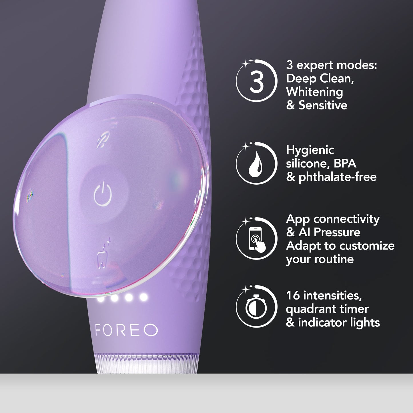 FOREO issa 4 plus Sonic Electric Toothbrush - 4-in-1 AI-Guided Rechargeable Toothbrush Bundle with Extra Silicone &amp; Polymer Hybrid Brush Head, Soft Bristles, Whitening Teeth - Lavander