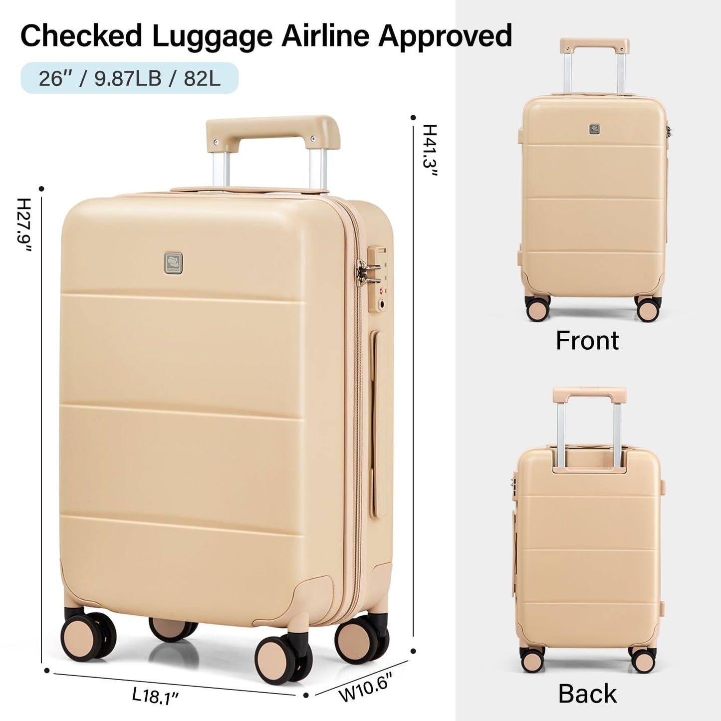 Hanke 26 Inch Luggage Large Suitcase With Spinner Wheels Tsa Luggage Suitcases Traveler's Choice Hard Case Luggage For Women &amp; Men Rolling Checked Luggage(Cuba Sand)