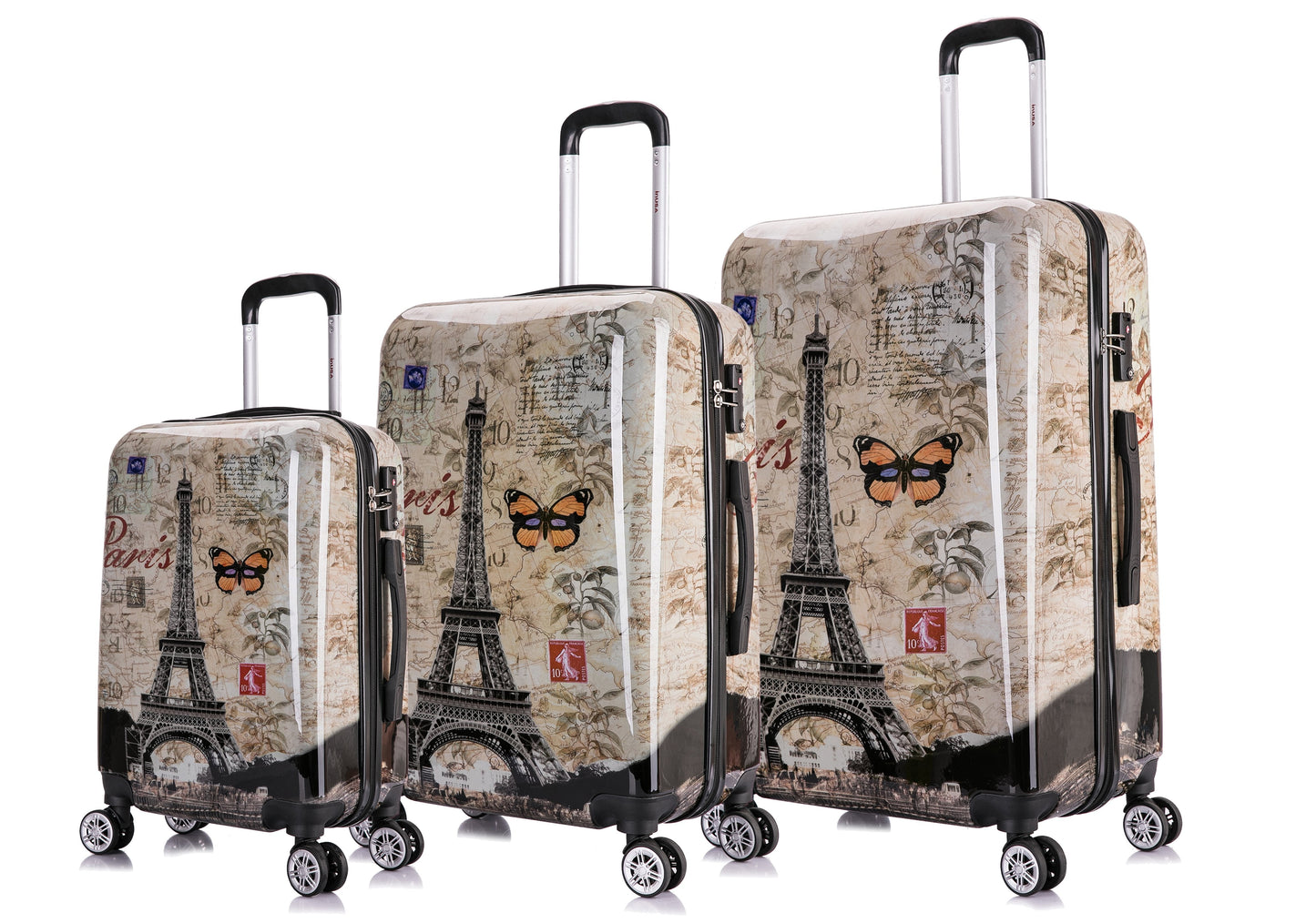 InUSA Print 3-Piece Hardside Luggage Sets with Spinner Wheels, Handle, Trolley, (20"/24"/28"), Paris