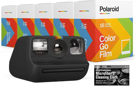 Polaroid Originals Bundle Go Instant Camera Black with 5 Double Packs 80 Prints of Color Film and Microfiber Cloth