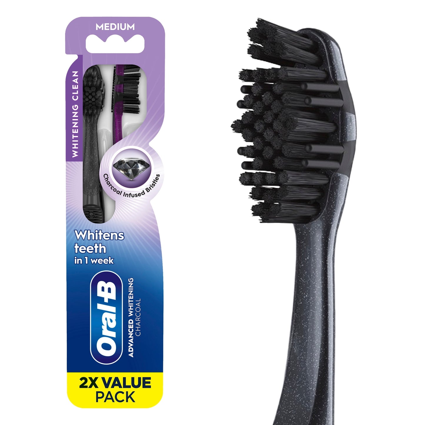 Oral-B Toothbrush Advanced Whitening Charcoal, Medium, 2 Count