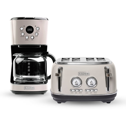 Haden Dorset 12 Cup Coffee Maker &amp; 4 Slice Wide Toaster, Putty &amp; Chrome