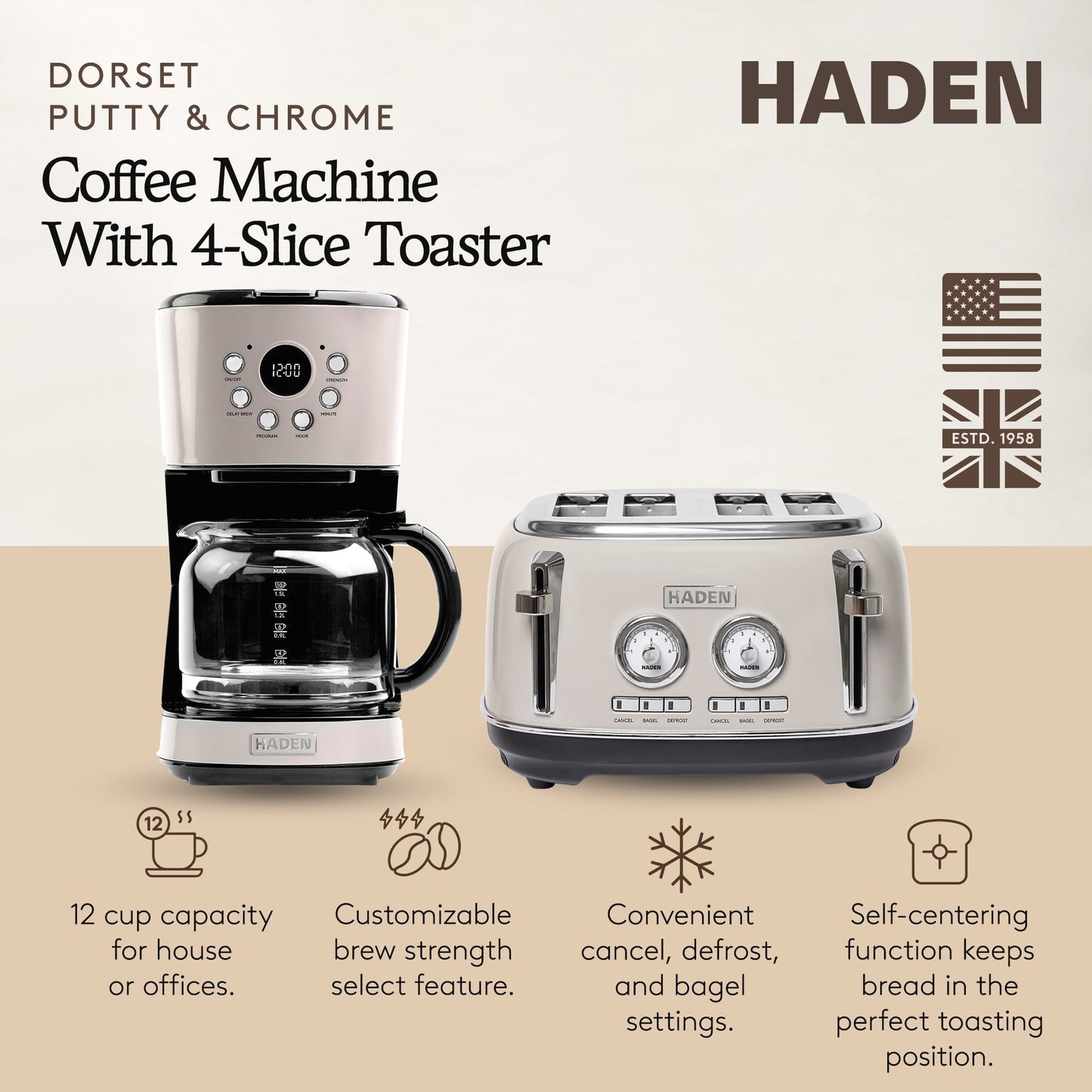 Haden Dorset 12 Cup Coffee Maker &amp; 4 Slice Wide Toaster, Putty &amp; Chrome