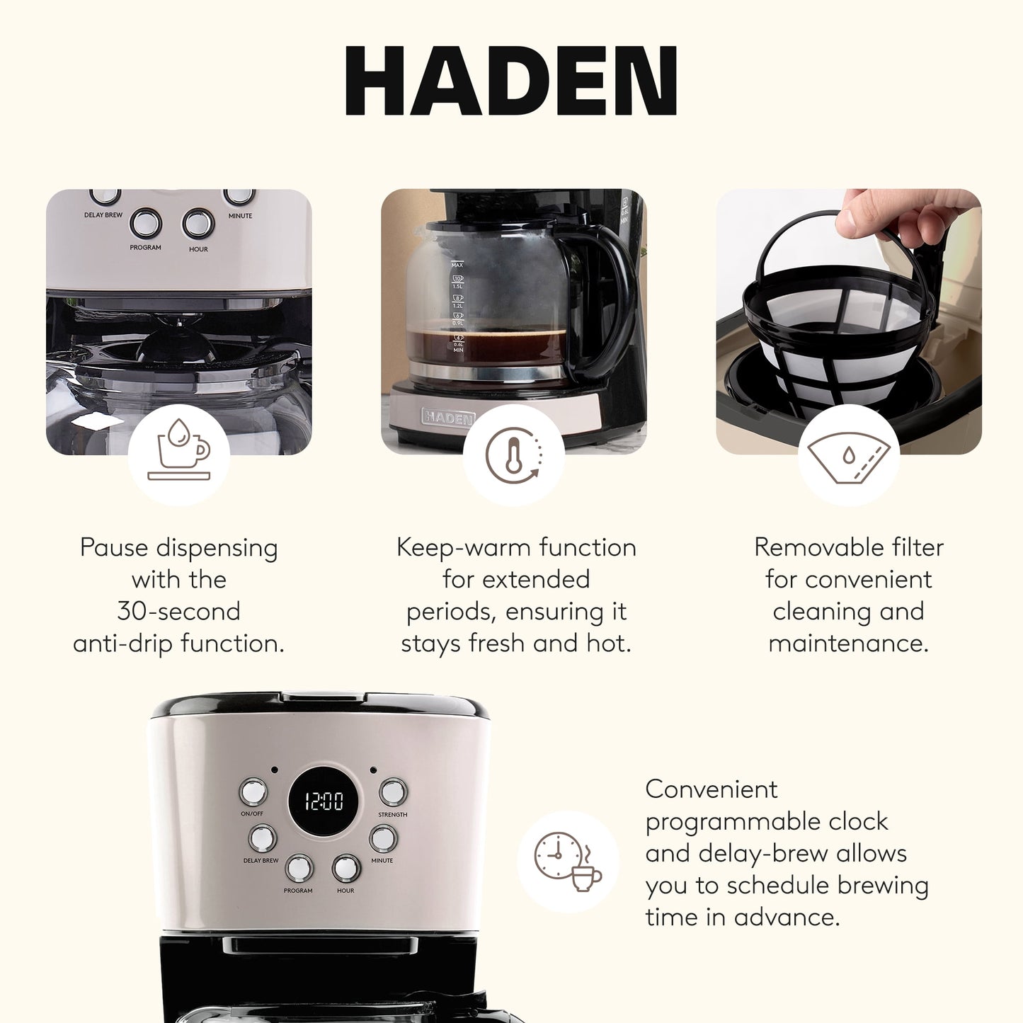 Haden Dorset 12 Cup Coffee Maker &amp; 4 Slice Wide Toaster, Putty &amp; Chrome