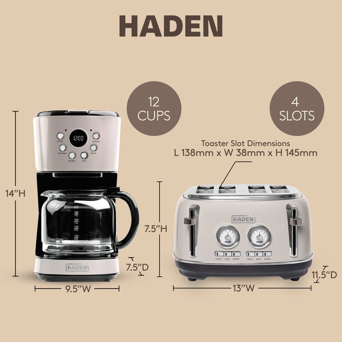 Haden Dorset 12 Cup Coffee Maker &amp; 4 Slice Wide Toaster, Putty &amp; Chrome