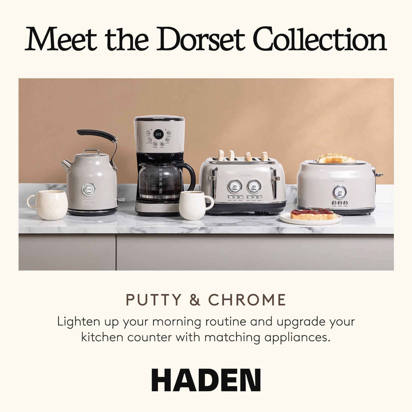 Haden Dorset 12 Cup Coffee Maker &amp; 4 Slice Wide Toaster, Putty &amp; Chrome