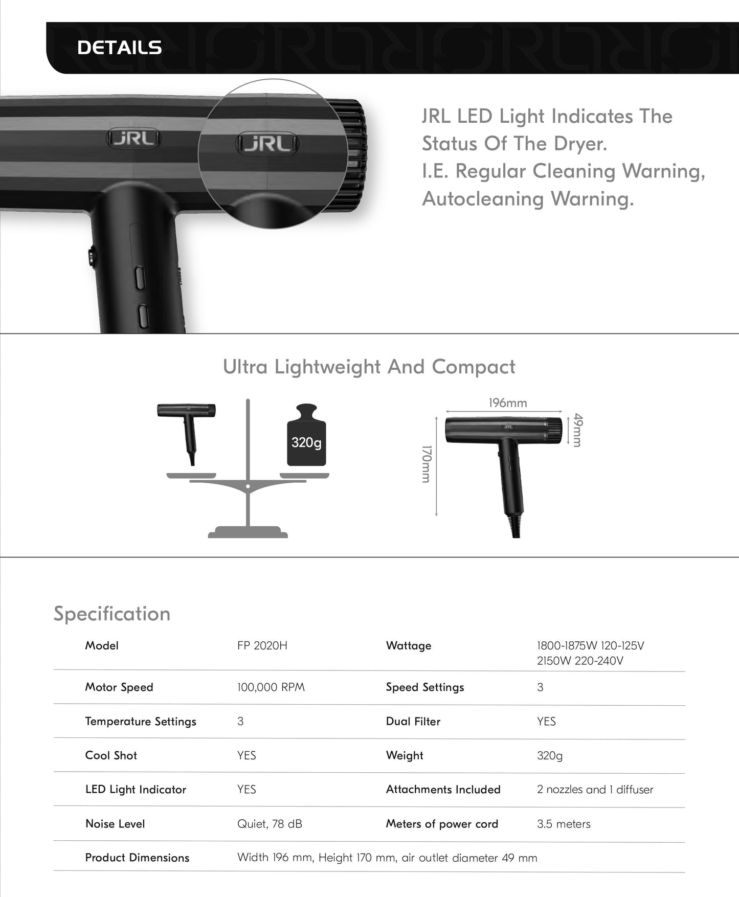 JRL USA Forte Pro Dryer - Ionic, 3 Settings for Speed and Temp, Ceramic (Black)