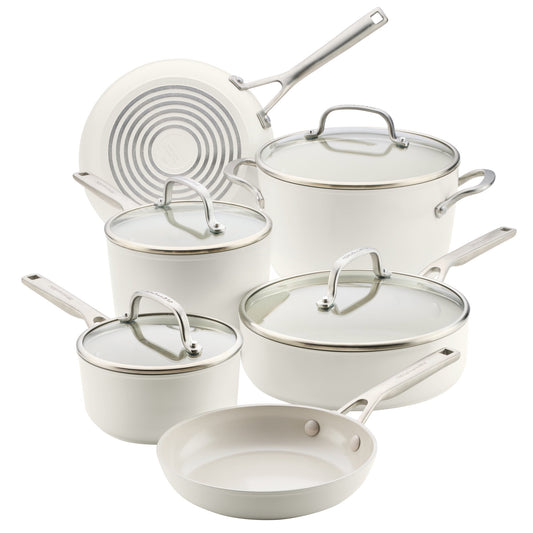 KitchenAid Hard-Anodized 10 Pcs Ceramic Induction Cookware Set, Dishwasher Safe and Oven Safe to 500°F, Porcelain White
