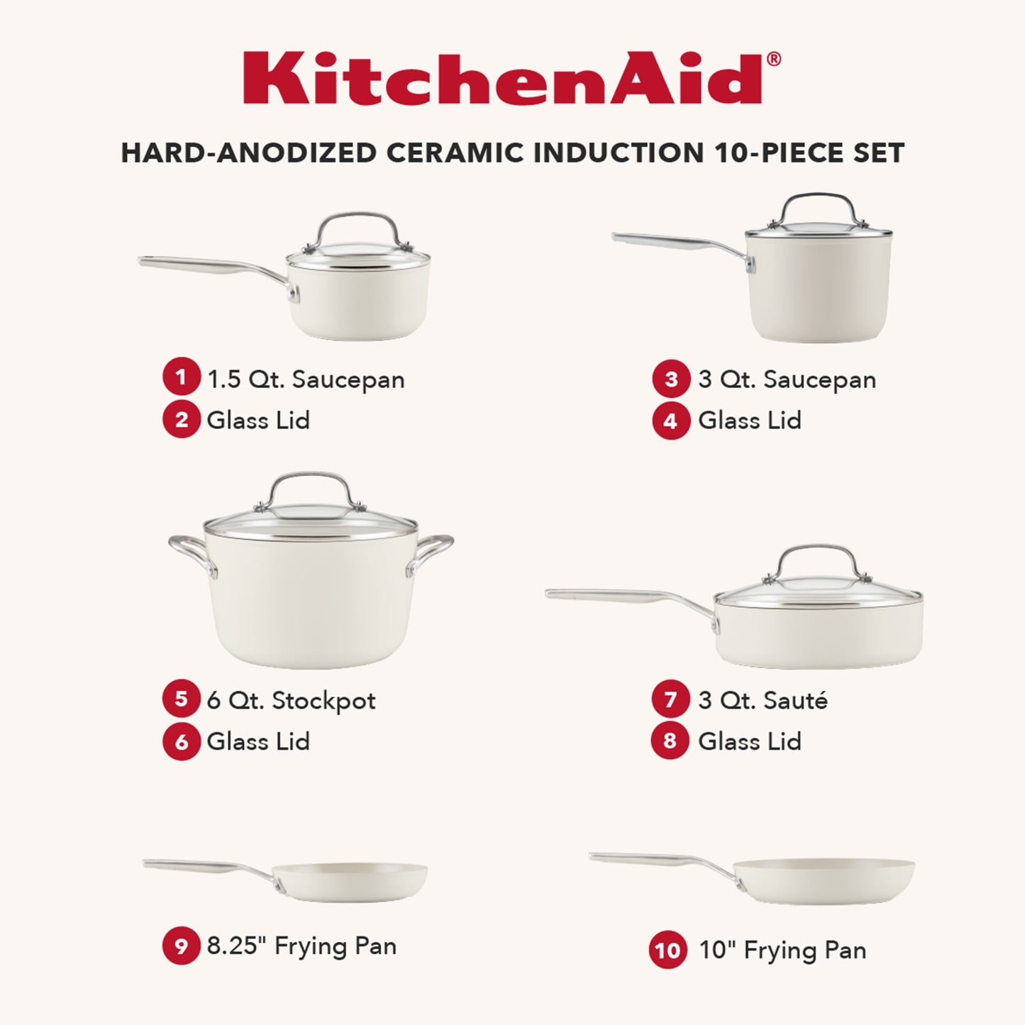 KitchenAid Hard-Anodized 10 Pcs Ceramic Induction Cookware Set, Dishwasher Safe and Oven Safe to 500°F, Porcelain White