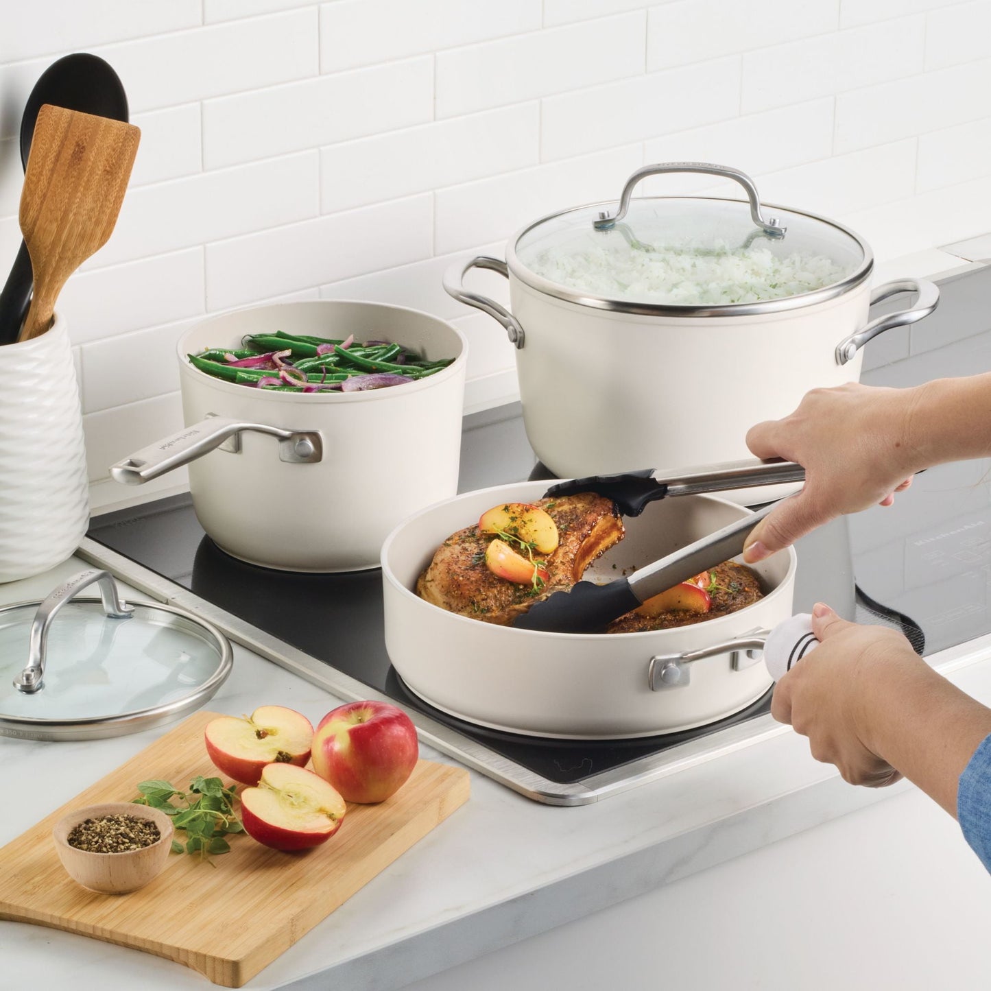 KitchenAid Hard-Anodized 10 Pcs Ceramic Induction Cookware Set, Dishwasher Safe and Oven Safe to 500°F, Porcelain White