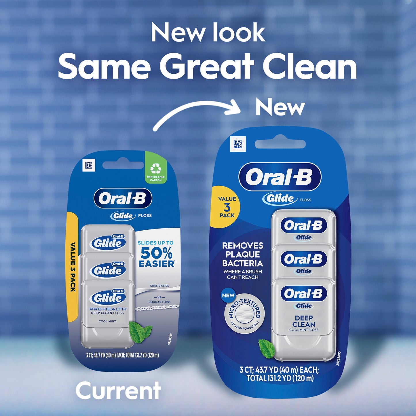 Oral‑B Floss, Glide Pro‑Health Deep Clean Waxed Dental Floss, Cool Mint, 40m, 3 Pack