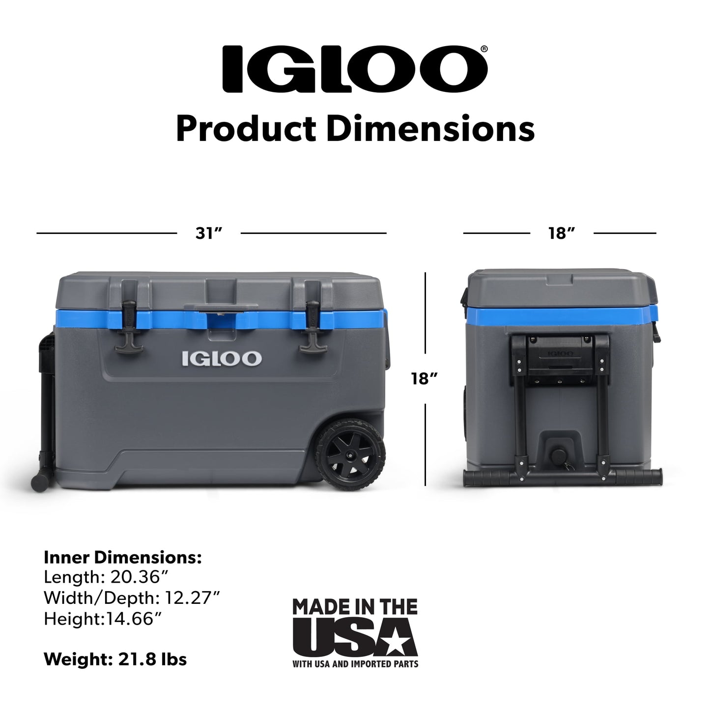 Igloo 72 QT Overland Ice Chest Cooler with Wheels, Gray and Sneaky Blue