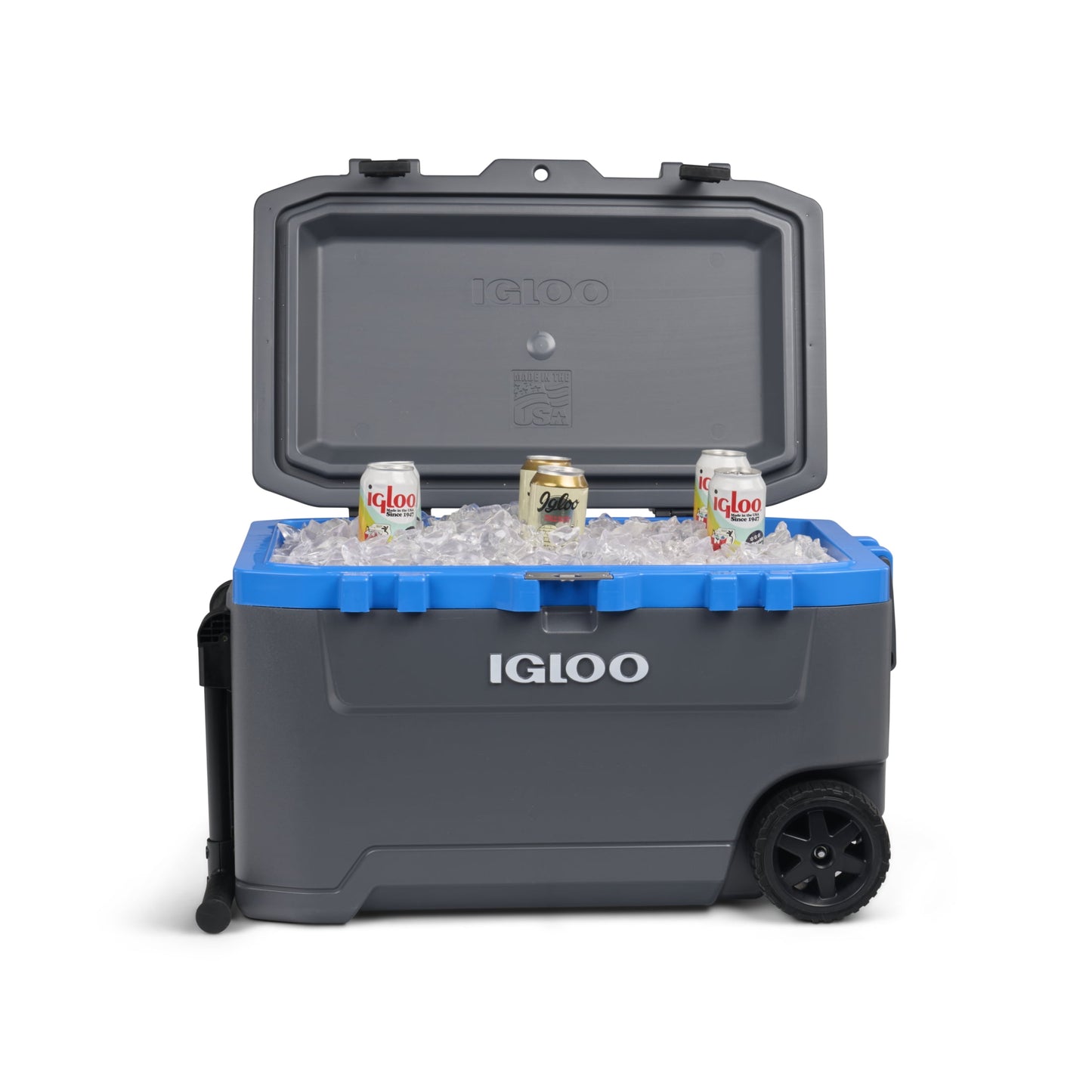 Igloo 72 QT Overland Ice Chest Cooler with Wheels, Gray and Sneaky Blue