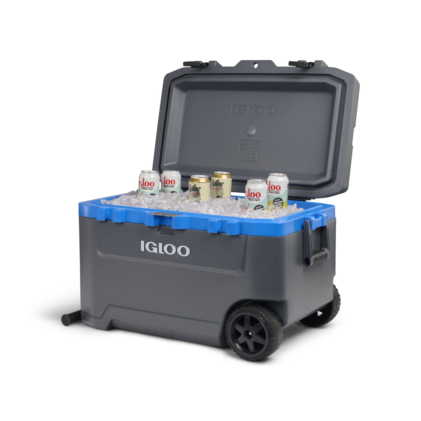 Igloo 72 QT Overland Ice Chest Cooler with Wheels, Gray and Sneaky Blue
