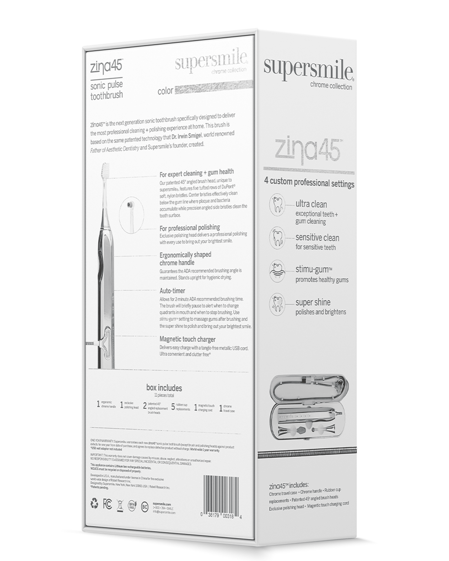 Supersmile Zina45 Sonic Pulse Electric Toothbrush - Rechargeable Whitening Toothbrush w/Polishing Head - 4 Cleaning Modes, Silver