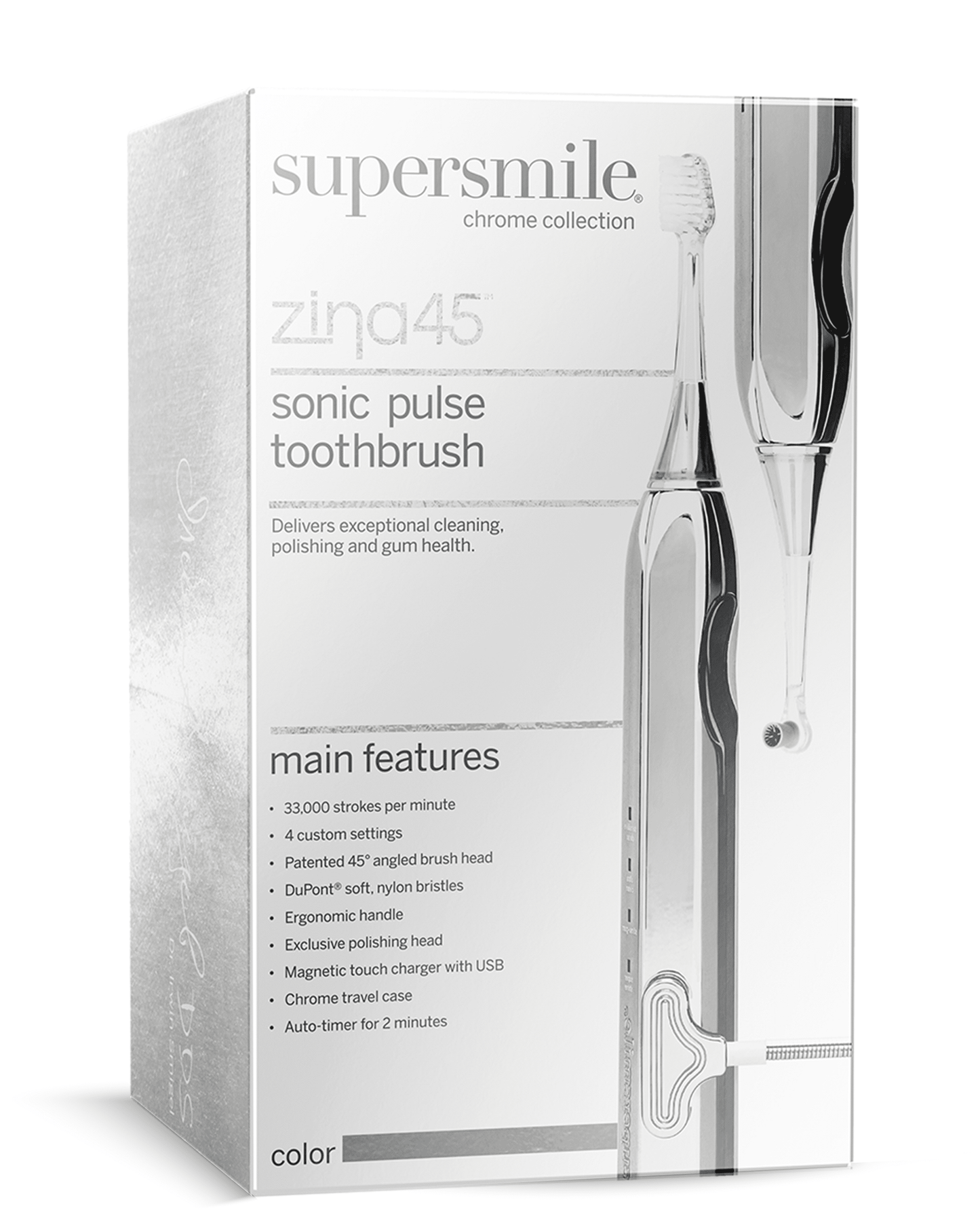 Supersmile Zina45 Sonic Pulse Electric Toothbrush - Rechargeable Whitening Toothbrush w/Polishing Head - 4 Cleaning Modes, Silver