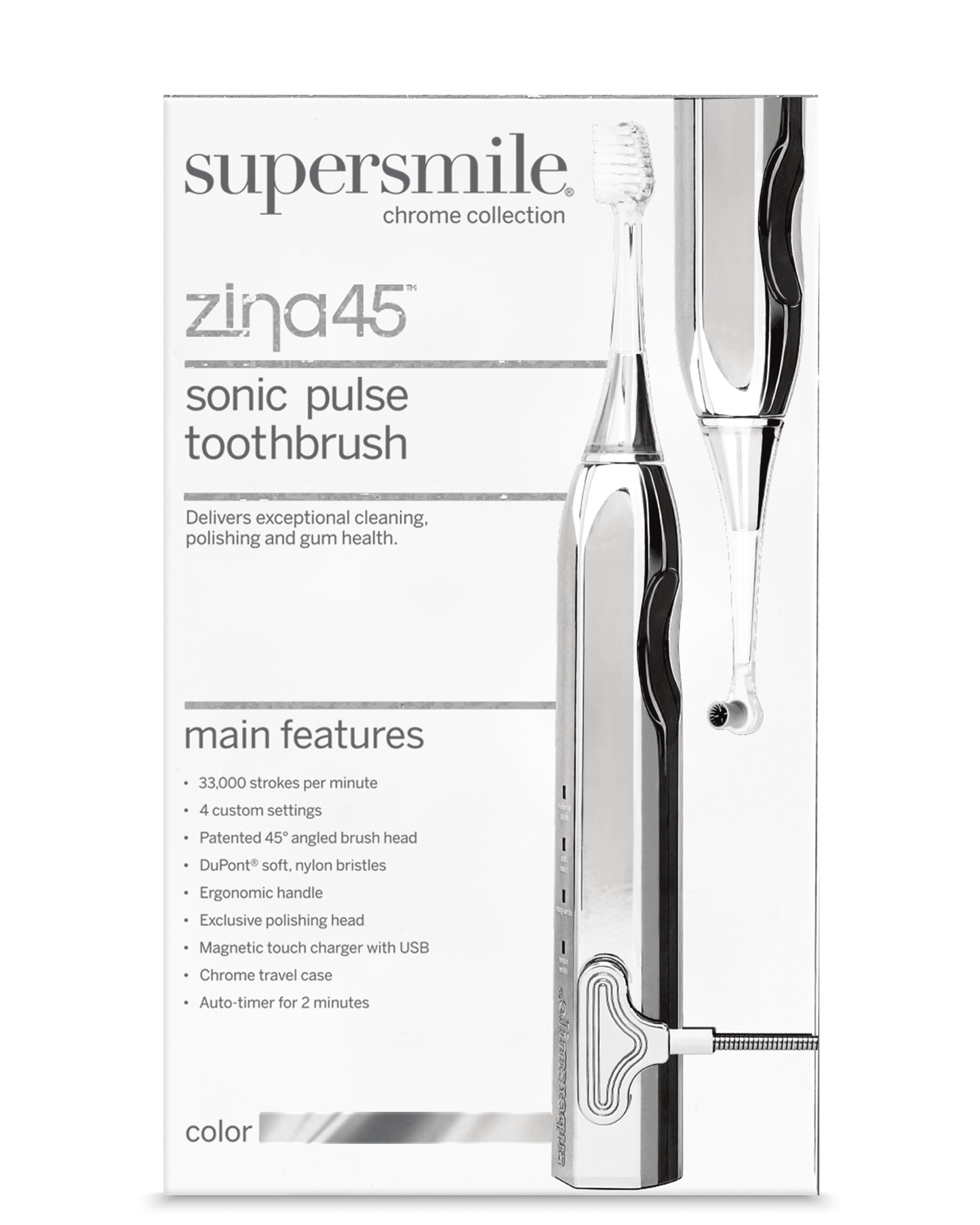 Supersmile Zina45 Sonic Pulse Electric Toothbrush - Rechargeable Whitening Toothbrush w/Polishing Head - 4 Cleaning Modes, Silver