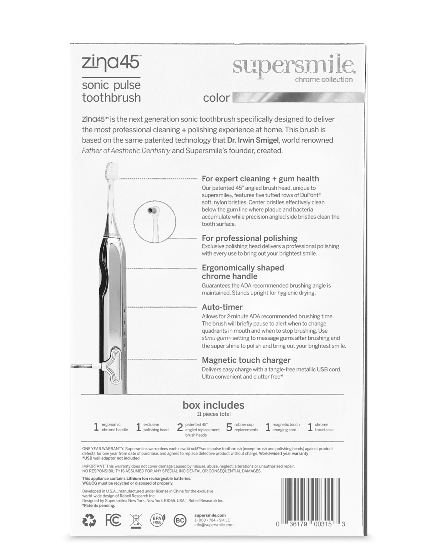 Supersmile Zina45 Sonic Pulse Electric Toothbrush - Rechargeable Whitening Toothbrush w/Polishing Head - 4 Cleaning Modes, Silver