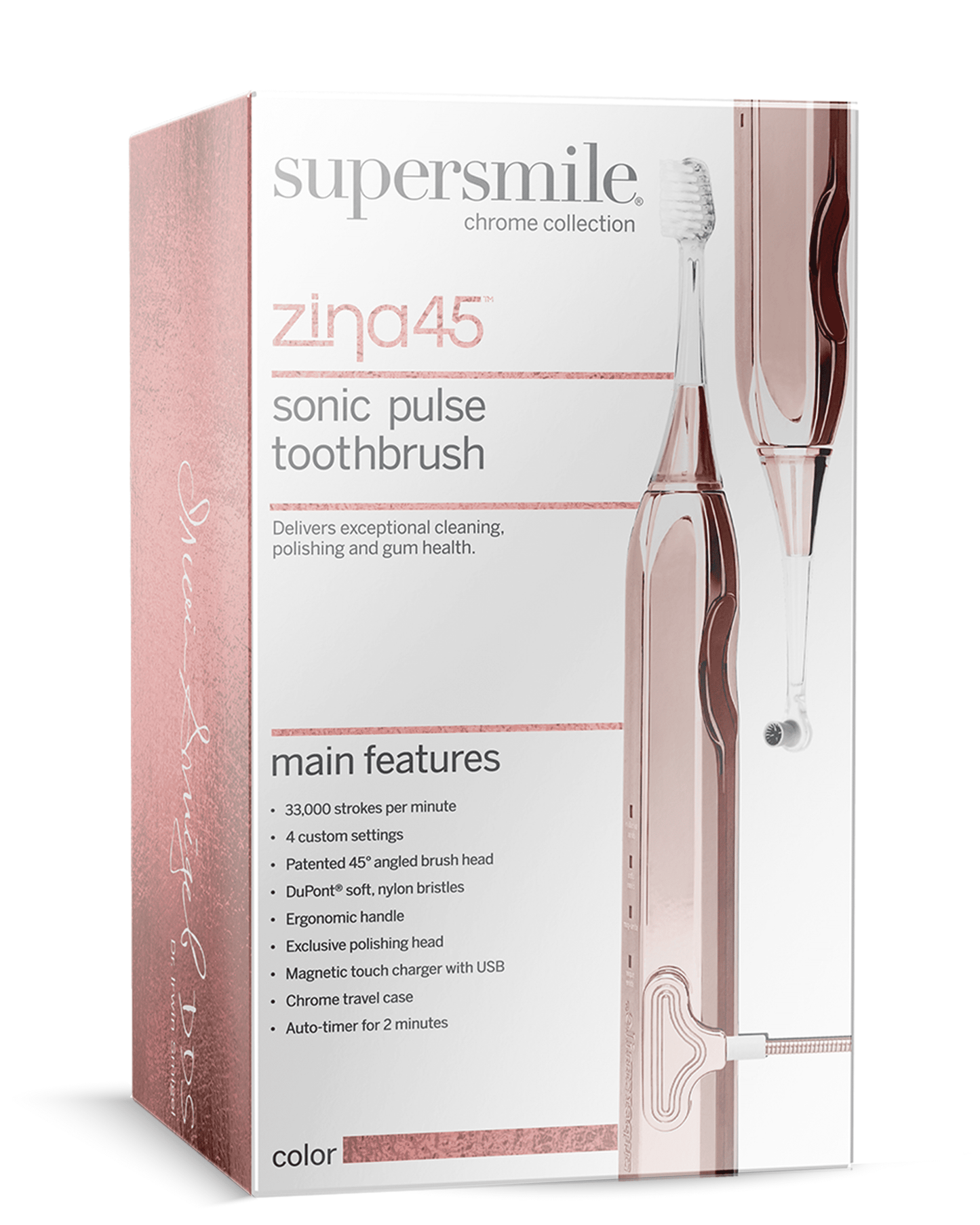 Supersmile Zina45 Sonic Pulse Electric Toothbrush - Rechargeable Whitening Toothbrush w/Polishing Head - 4 Cleaning Modes, Silver