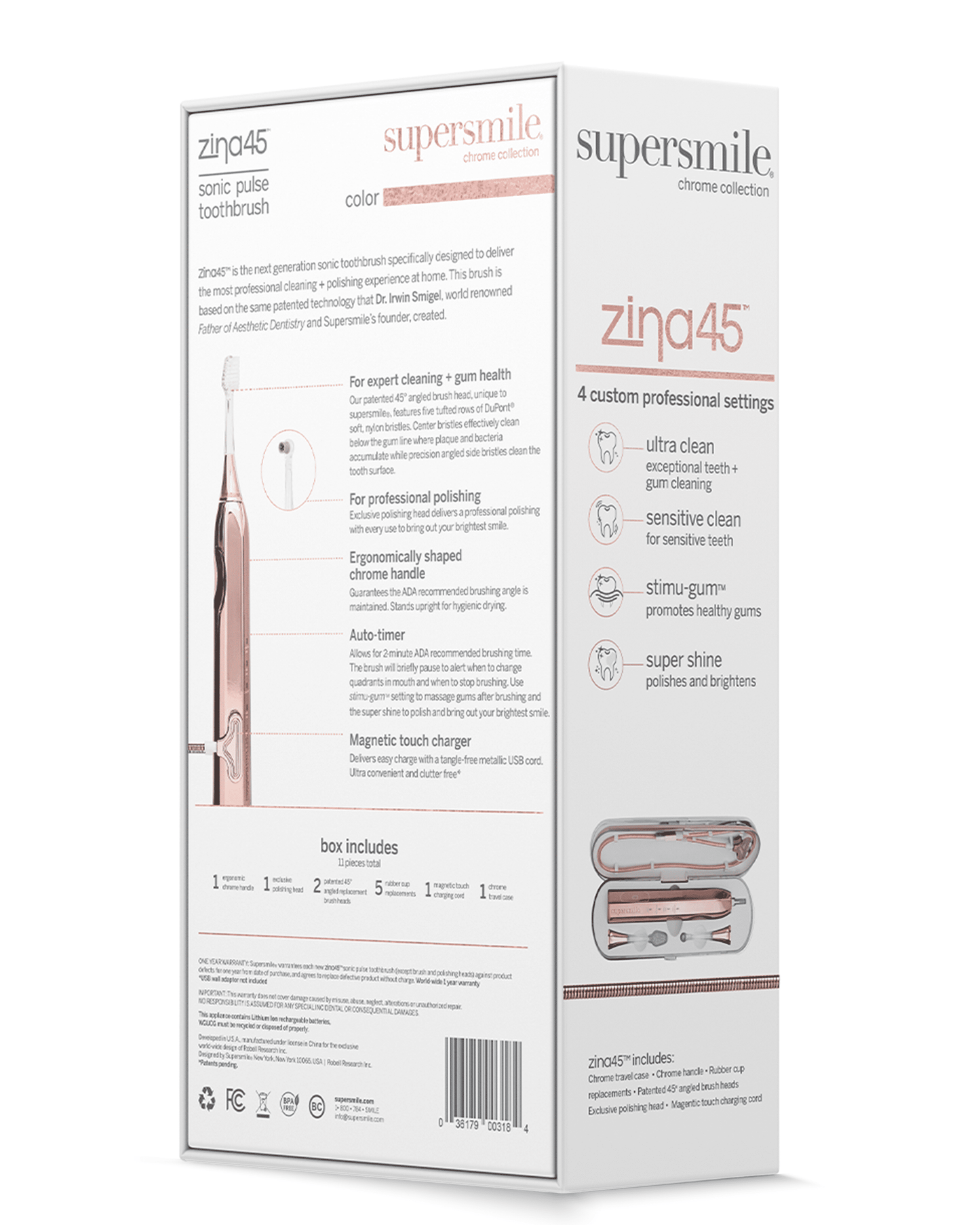 Supersmile Zina45 Sonic Pulse Electric Toothbrush - Rechargeable Whitening Toothbrush w/Polishing Head - 4 Cleaning Modes, Silver