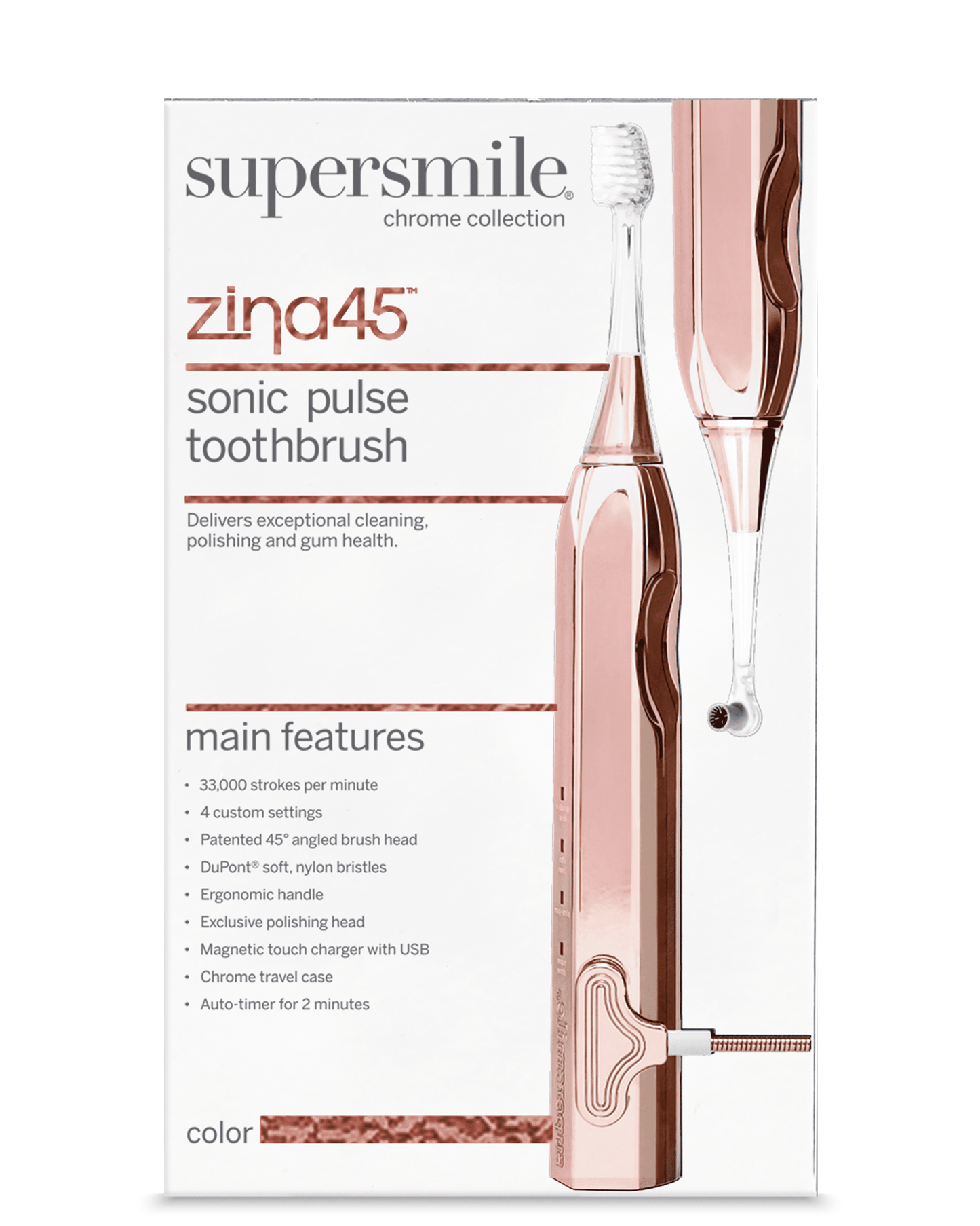 Supersmile Zina45 Sonic Pulse Electric Toothbrush - Rechargeable Whitening Toothbrush w/Polishing Head - 4 Cleaning Modes, Silver