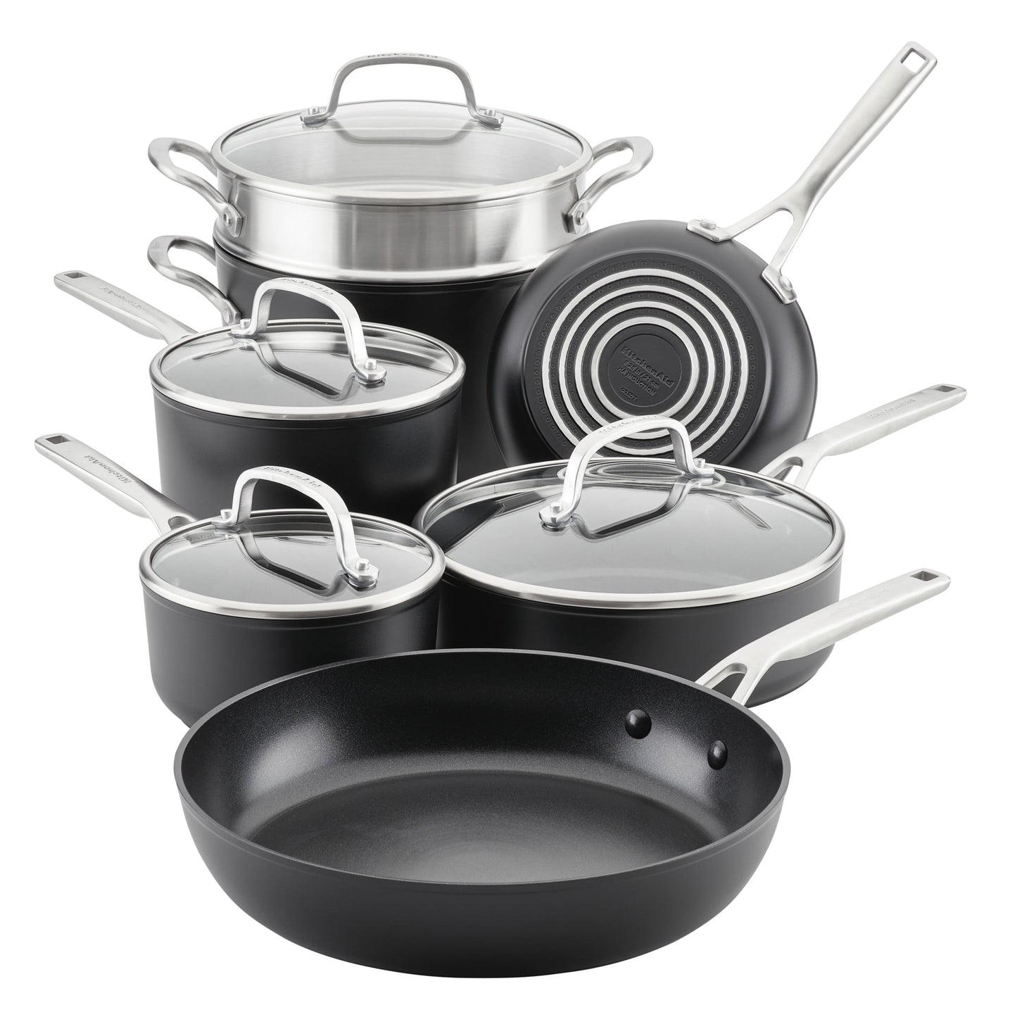KitchenAid Hard-Anodized 11 Pcs Induction Nonstick Cookware Set, Dishwasher Safe and Oven Safe to 500°F, Matte Black