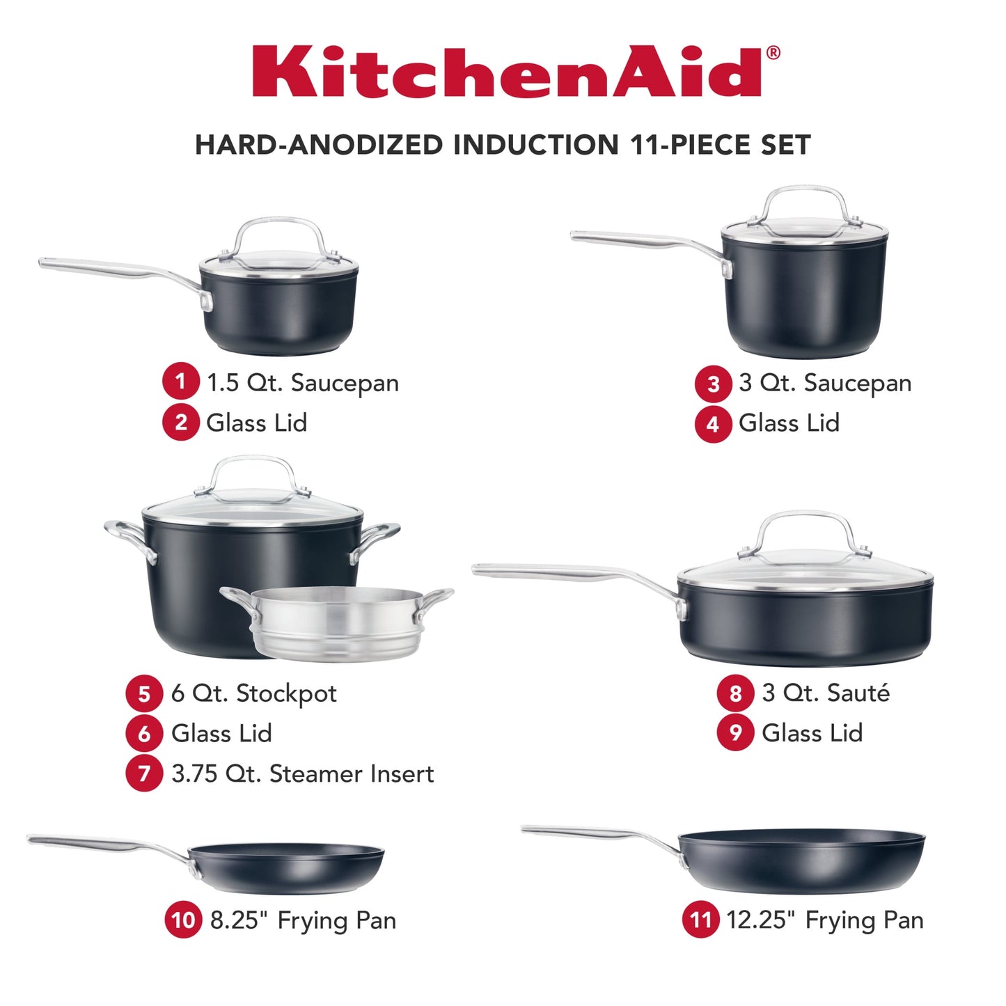 KitchenAid Hard-Anodized 11 Pcs Induction Nonstick Cookware Set, Dishwasher Safe and Oven Safe to 500°F, Matte Black