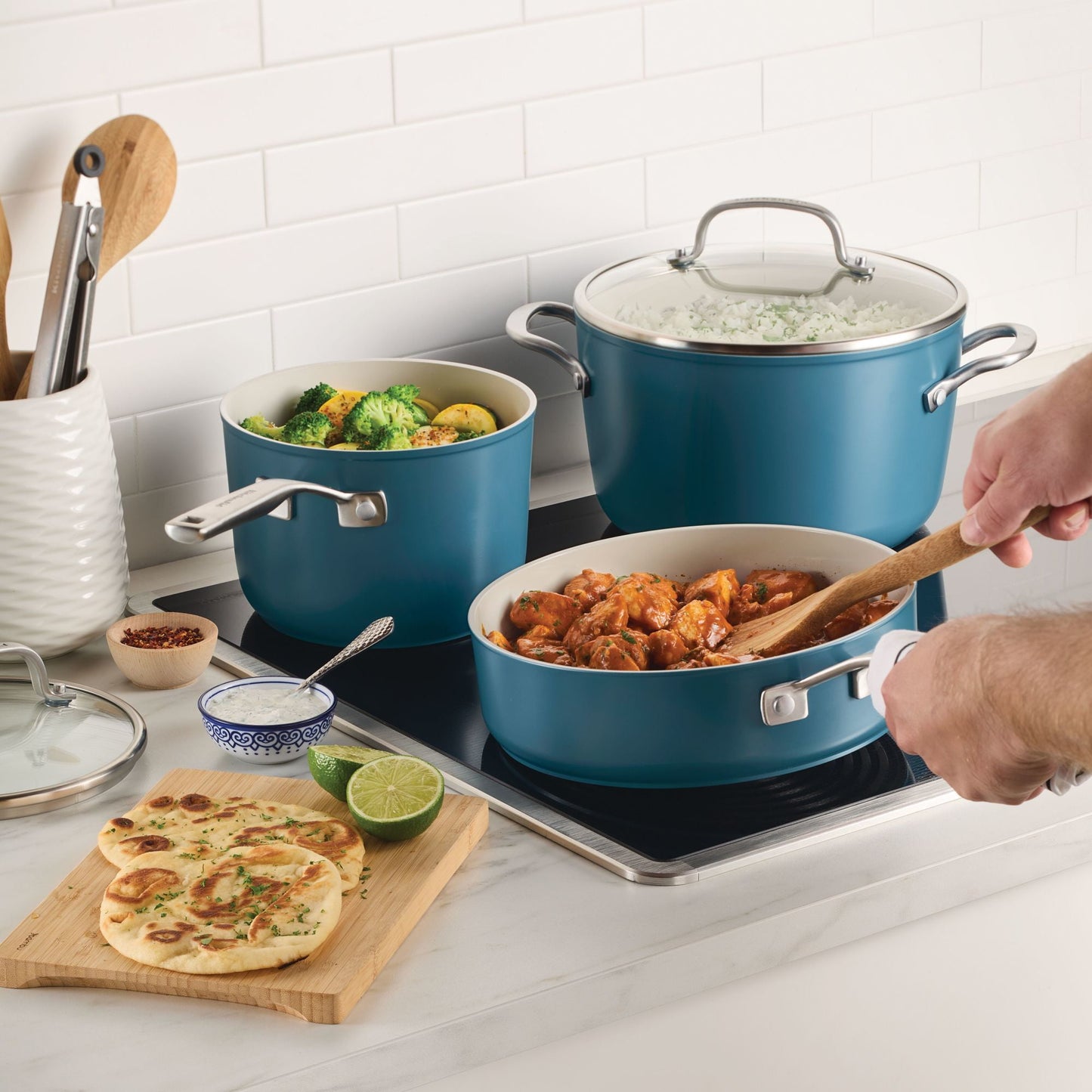 KitchenAid Hard-Anodized 10 Pcs Ceramic Induction Cookware Set, Dishwasher Safe and Oven Safe to 500°F, Agave Blue