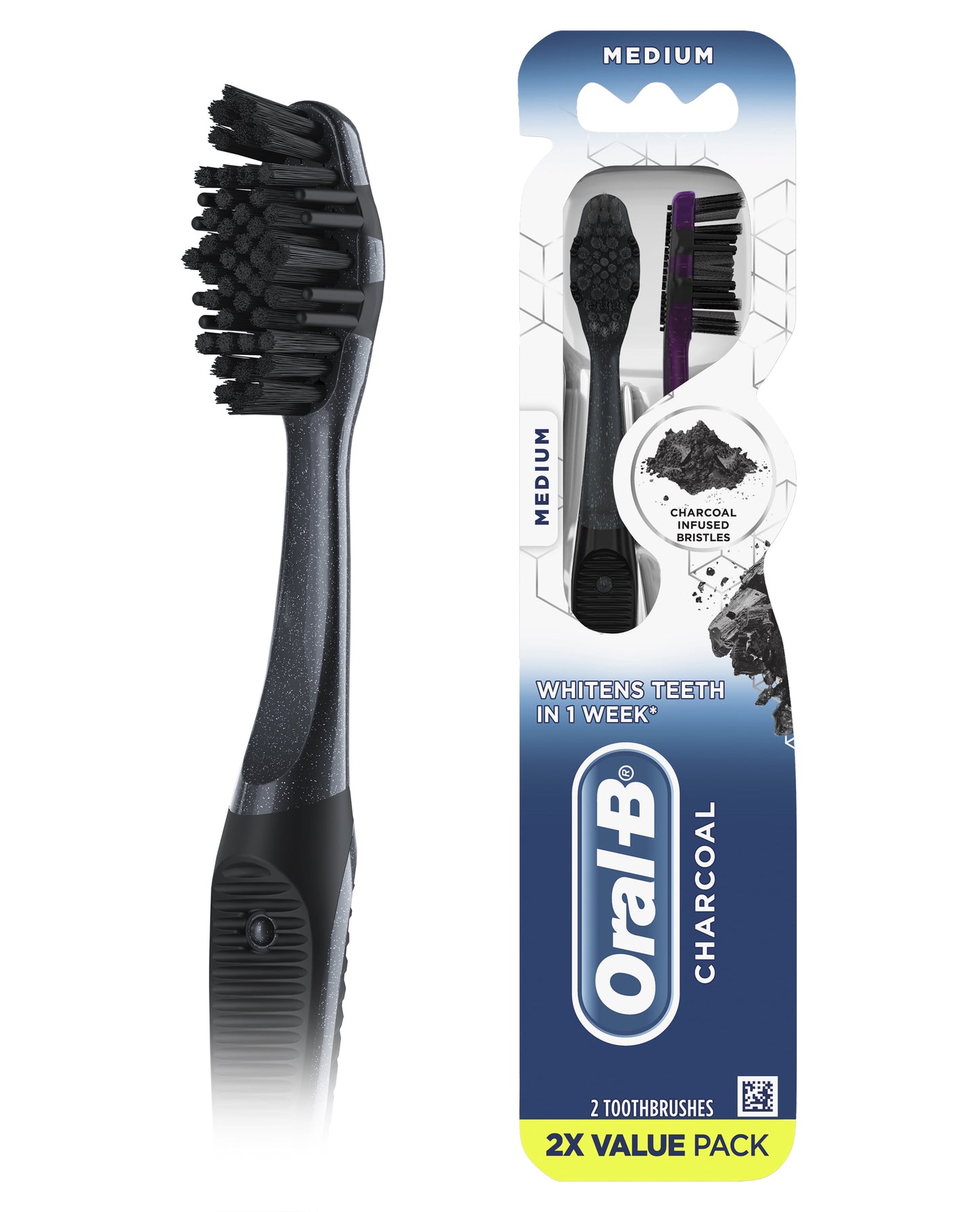 Oral-B Charcoal Manual Toothbrush, Medium, 2 Count, for Adults &amp; Children 3+