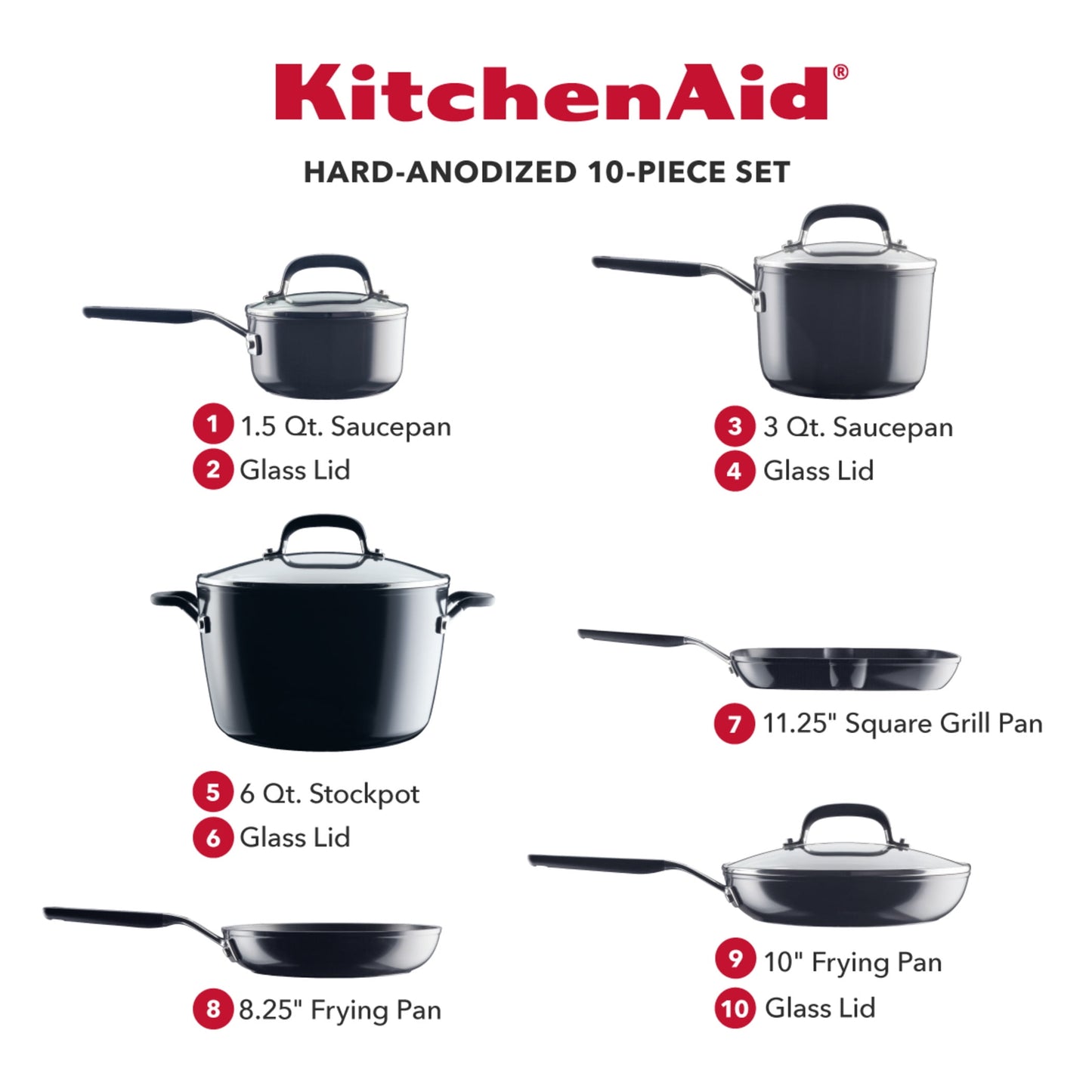 KitchenAid Hard Anodized 10 Pcs Nonstick Cookware Pots and Pans Set, Onyx Black