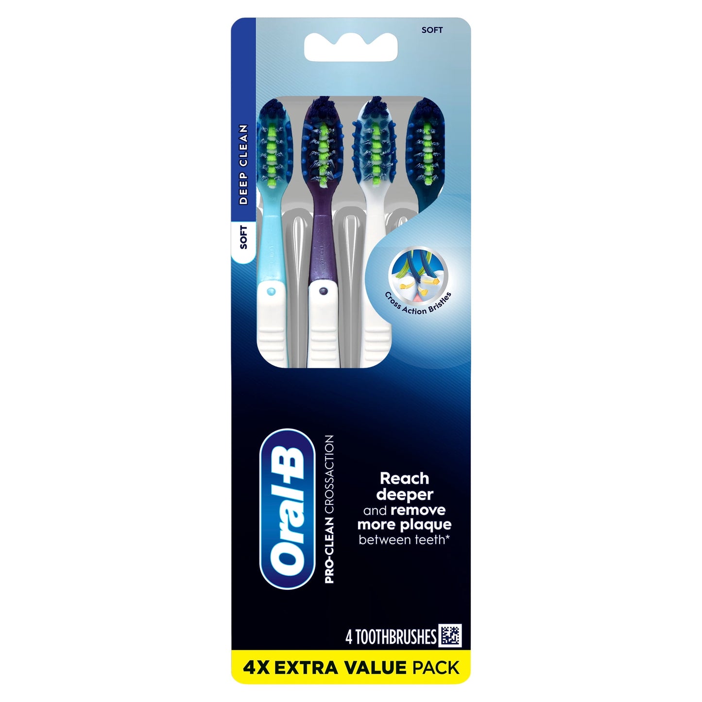 Oral-B Toothbrush Pack, Pro-Clean CrossAction Plaque Removal Manual Toothbrush, Soft Bristles, 4 Count