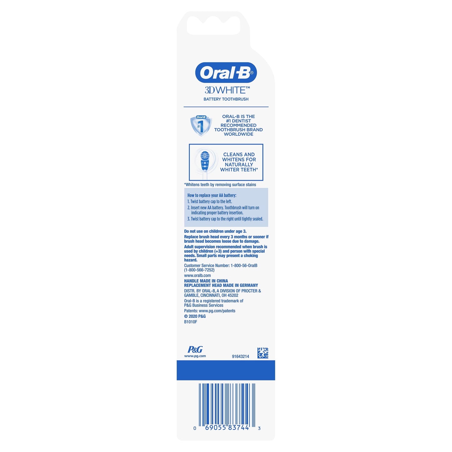 Oral-B Toothbrush, 3D White Battery Toothbrush, 1 Count, Colors May Vary, for Adults and Children 3+