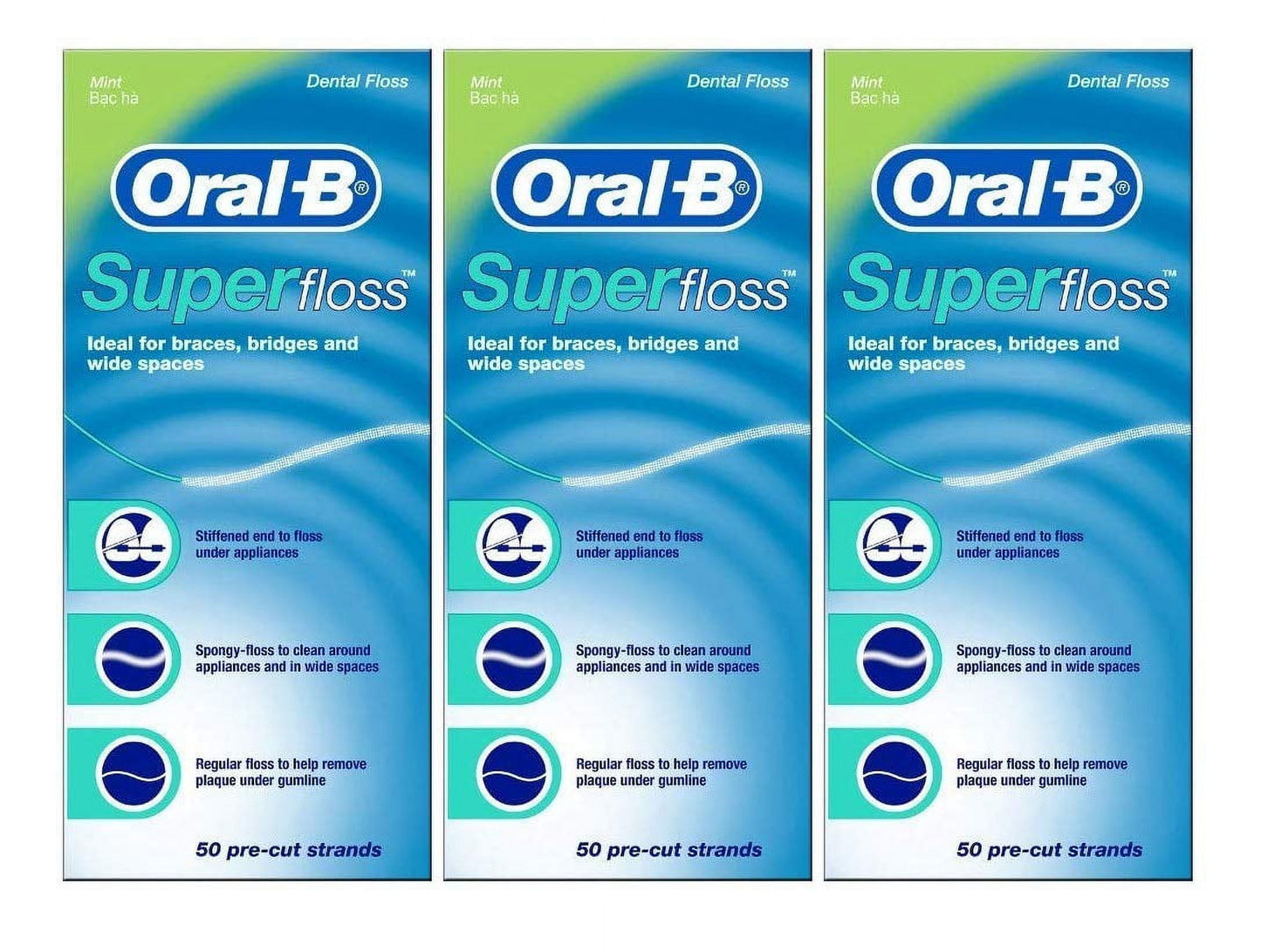 Oral-B Super Floss Pre-Cut Dental Floss Strands, Mint, 50 Ct, 3 Pack