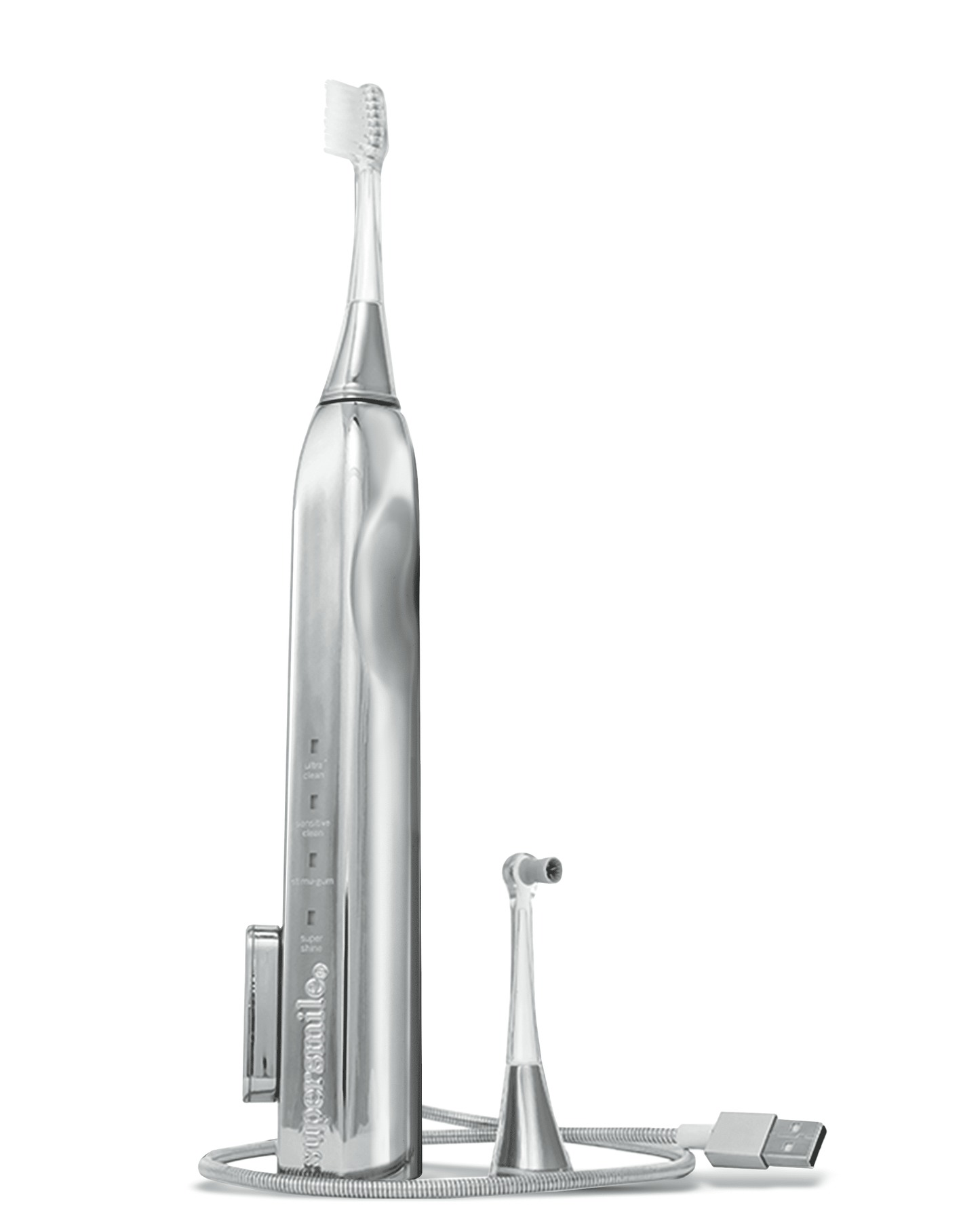 Supersmile Zina45 Sonic Pulse Electric Toothbrush - Rechargeable Whitening Toothbrush w/Polishing Head - 4 Cleaning Modes, Silver